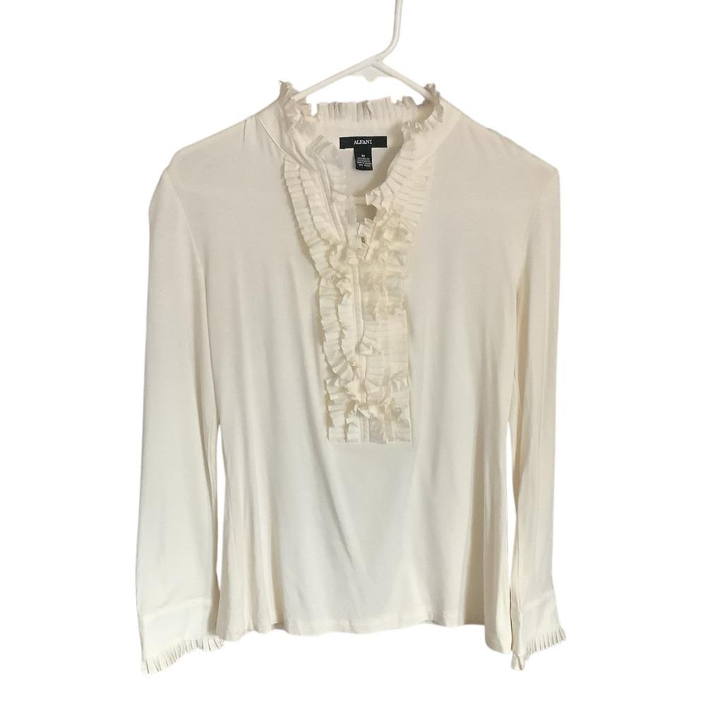 Medium Alfani Stretchy Cream Ruffle Front Long Sleeve Blouse